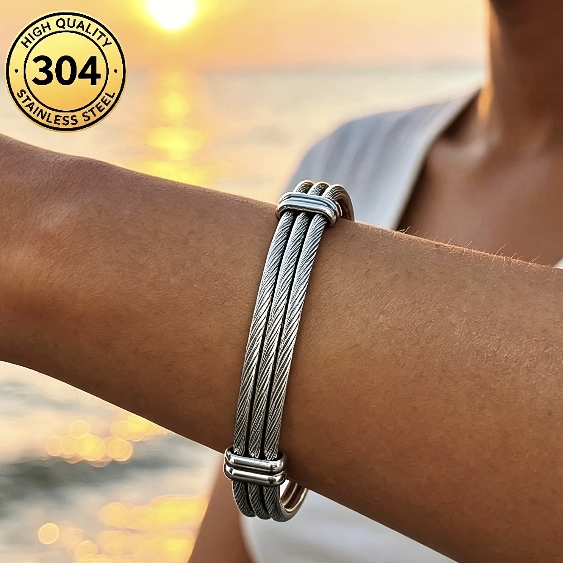 Men's Adjustable Twisted Cable Wire Open Cuff Bangle